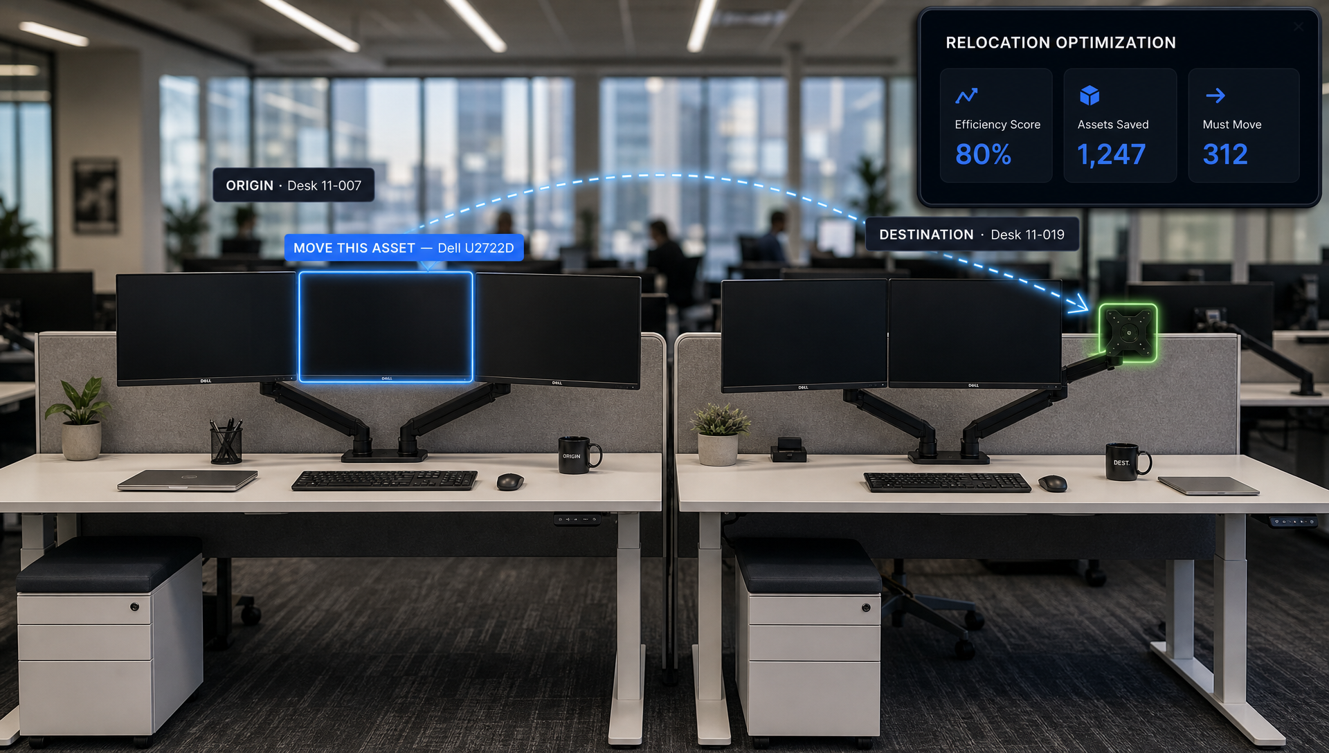 Relocation Optimization showing an origin desk and destination desk, with the engine matching assets and directing only what must move