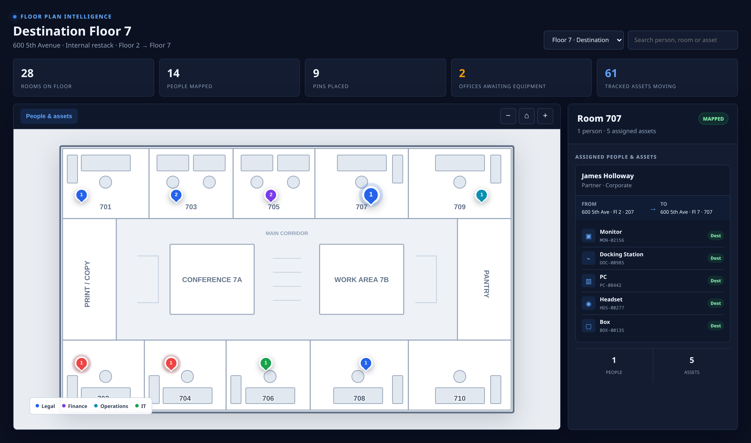 Floor Plan Intelligence showing a destination floor plan with people and asset pins per room, plus a room detail panel listing assigned people and tracked assets